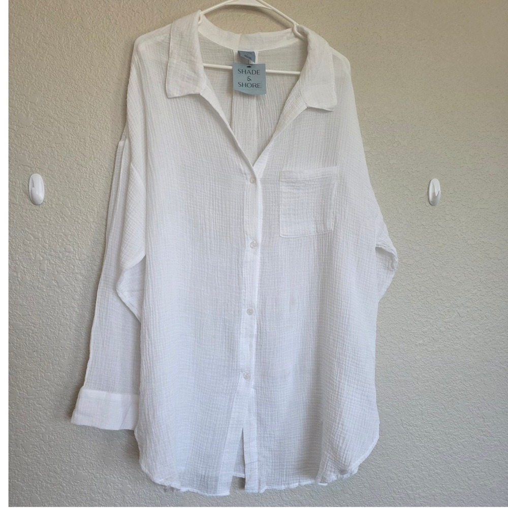 Shade & Shore White Gauze Button Down Beach Cover Up Shirt Large NWT 618
